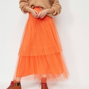 Orange Evelyn tulle tiered midi skirt Anthropologie